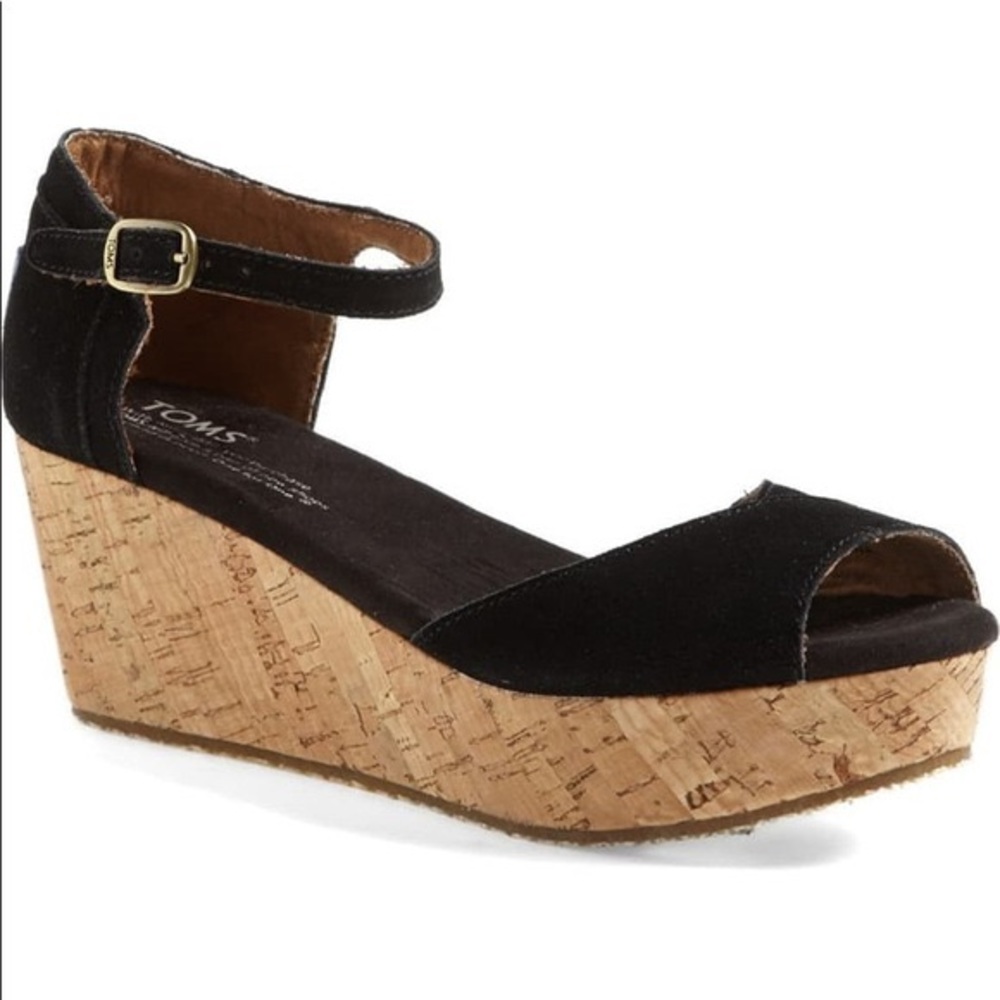TOMS 
Black suede platform wedge sandal